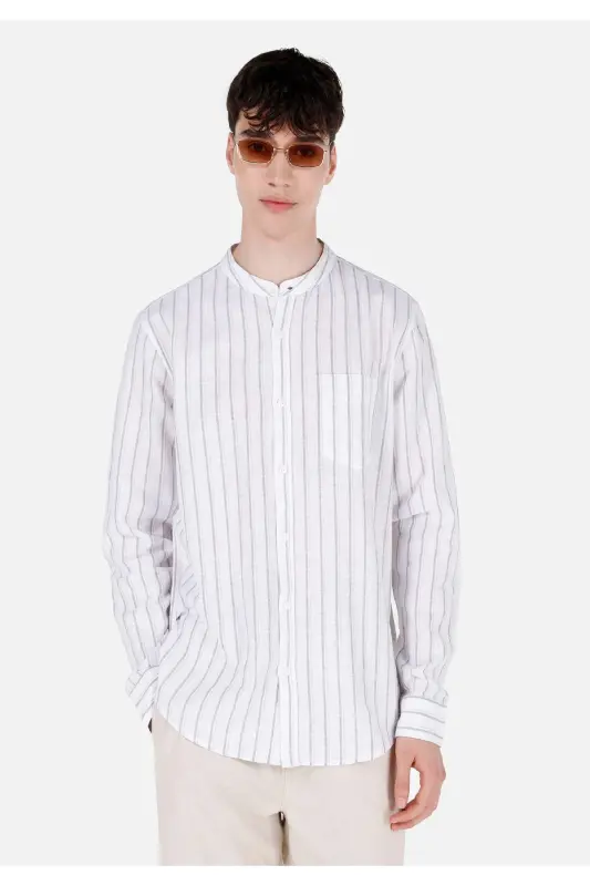 White, striped, regular fit, long-sleeved men's shirt with a mandarin collar - COLIN’S