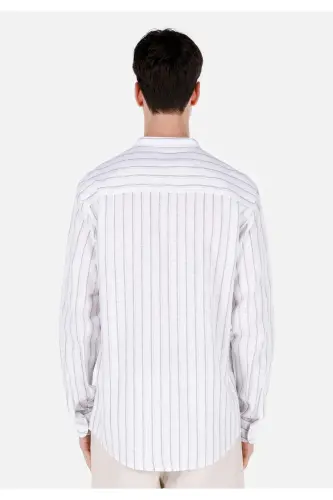 White, striped, regular fit, long-sleeved men's shirt with a mandarin collar - 2