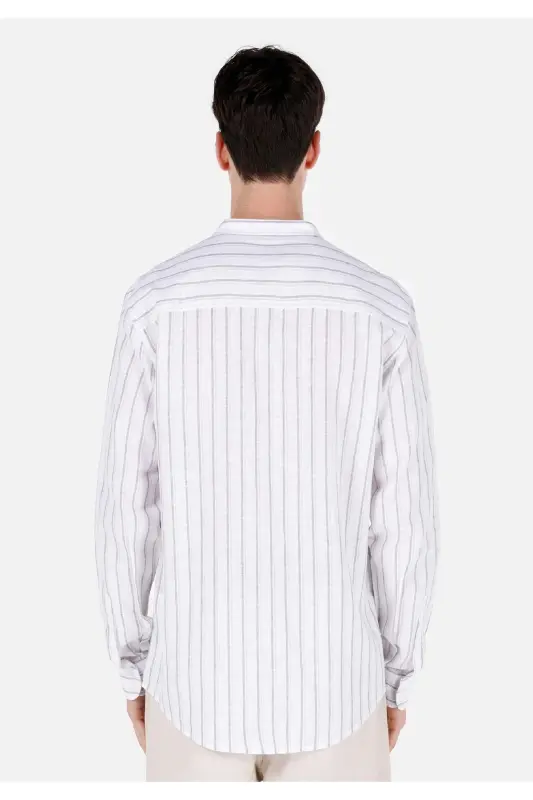 White, striped, regular fit, long-sleeved men's shirt with a mandarin collar - 2