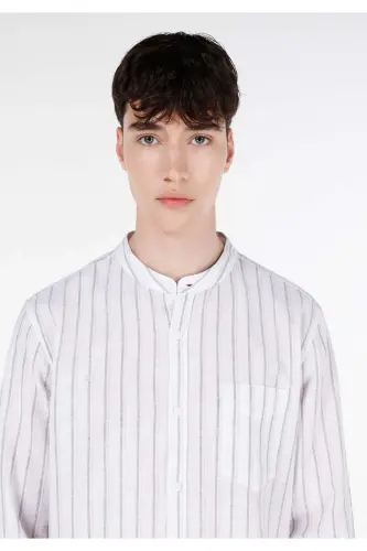 White, striped, regular fit, long-sleeved men's shirt with a mandarin collar - 4