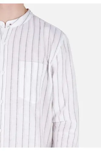 White, striped, regular fit, long-sleeved men's shirt with a mandarin collar - 5