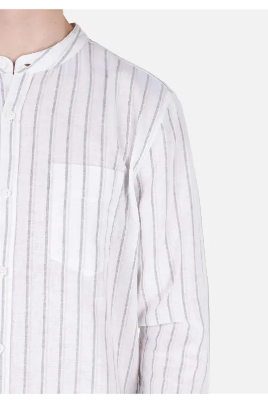 White, striped, regular fit, long-sleeved men's shirt with a mandarin collar - 5