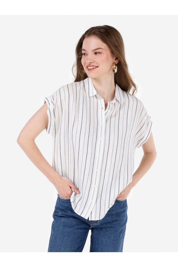 White striped short sleeve shirt for women. - 1