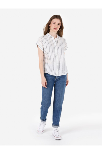 White striped short sleeve shirt for women. - 3