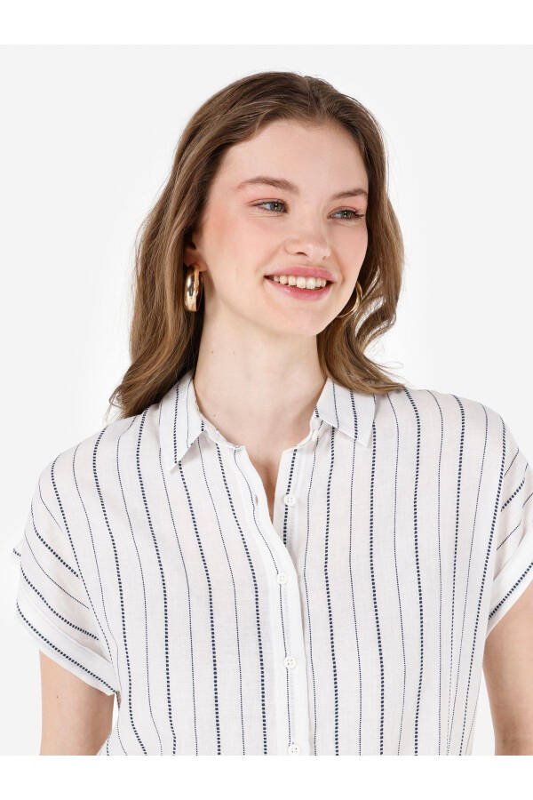 White striped short sleeve shirt for women. - 4