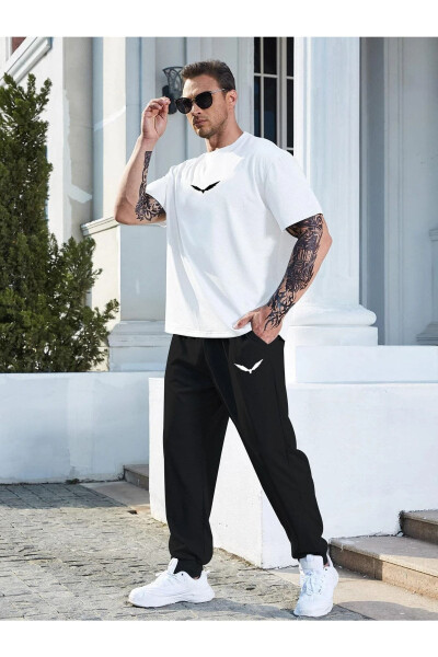 White T-shirt Black Jogger Sweatpants - Printed Top and Bottom Tracksuit Oversize Crew Neck - 4