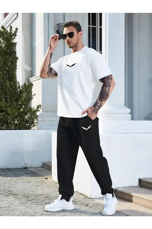 White T-Shirt Black Sweatpants Jogger - Printed Top and Bottom Tracksuit Oversize Crew Neck - White Black - 2