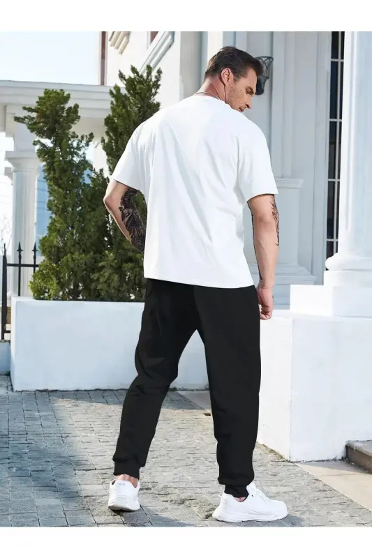 White T-Shirt Black Sweatpants Jogger - Printed Top and Bottom Tracksuit Oversize Crew Neck - White Black - 4