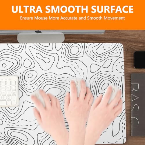 White Topographic Map Mouse Pad - Extended Contour Mouse Mat for Home and Office, Large Gaming Mousepad Laptop Keyboard Mat with Non-Slip Base, Stitched Edges (27.56