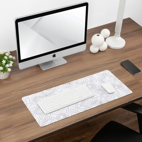 White Topographic Map Mouse Pad - Extended Contour Mouse Mat for Home and Office, Large Gaming Mousepad Laptop Keyboard Mat with Non-Slip Base, Stitched Edges (27.56