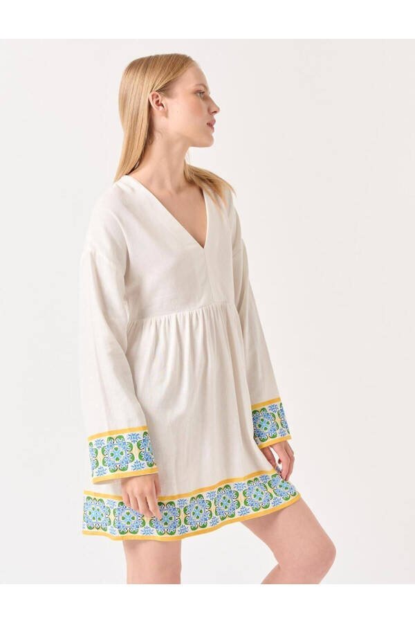 White Truvakar Sleeved Patterned Linen Dress - 6