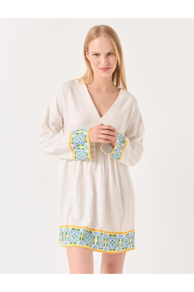 White Truvakar Sleeved Patterned Linen Dress - 7