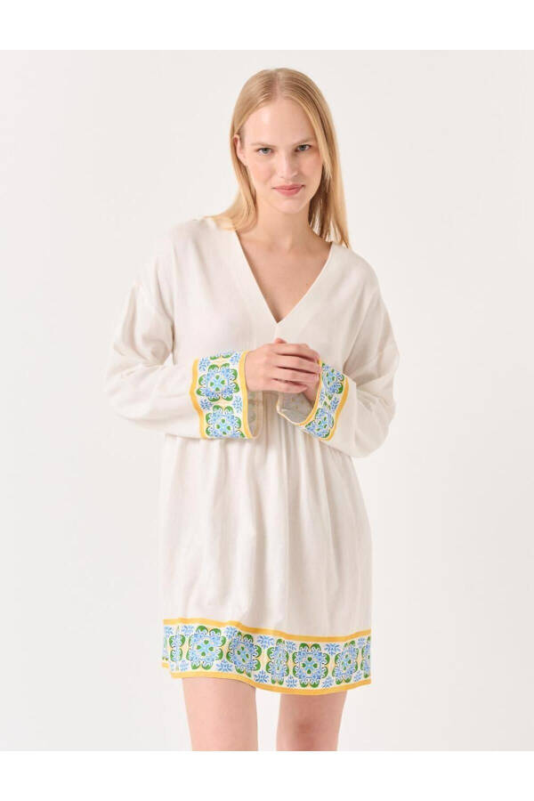 White Truvakar Sleeved Patterned Linen Dress - 7