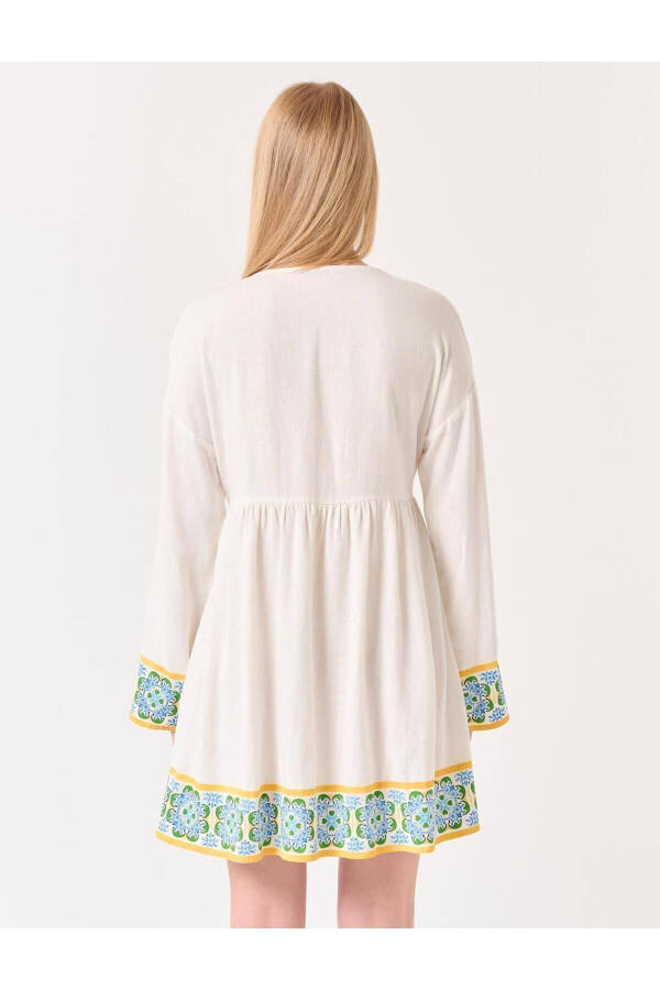 White Truvakar Sleeved Patterned Linen Dress - 8