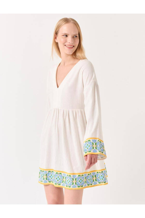 White Truvakar Sleeved Patterned Linen Dress - 10