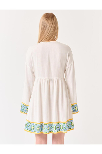 White Truvakar Sleeved Patterned Linen Dress - 5