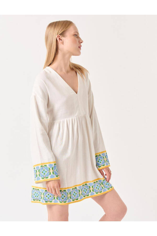 White Truvakar Sleeved Patterned Linen Dress - 12