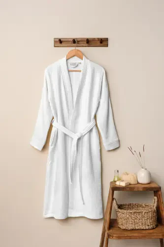 White Unisex Kimono Muslin Bathrobe 100% Cotton & High Absorbent Quality Bathrobe-White - 1
