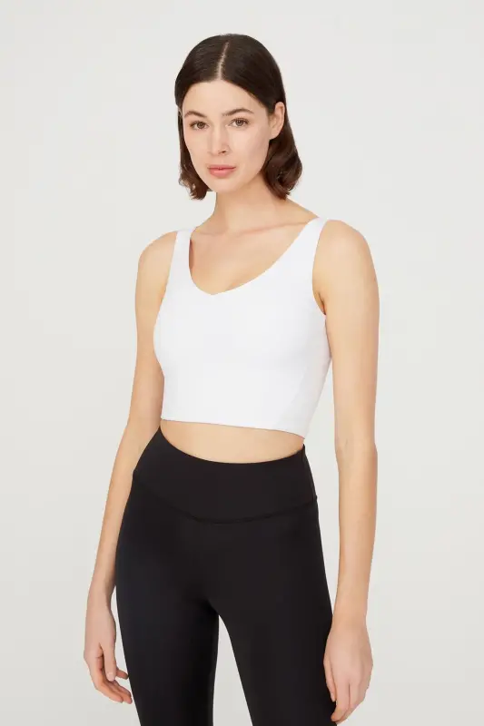 White V Neck Lightly Padded Sports Bra Vneck-White - 1