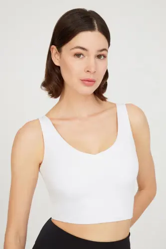 White V Neck Lightly Padded Sports Bra Vneck-White - 4