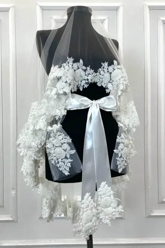 White VIP Bridal Veil Set, Henna Veil Cover Set-White - ZEYMERADE