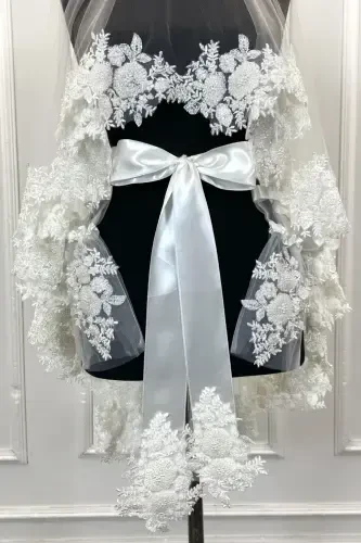 White VIP Bridal Veil Set, Henna Veil Cover Set-White - 3