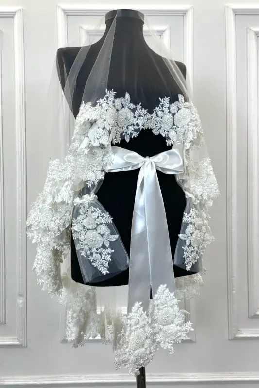 White VIP Bridal Veil Set, Henna Veil Cover Set-White - ZEYMERADE