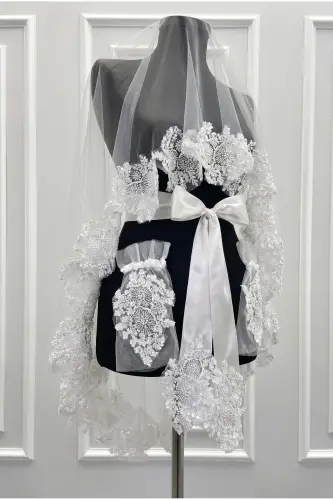White VIP Bridal Veil Set, Henna Veil Cover Set-White 