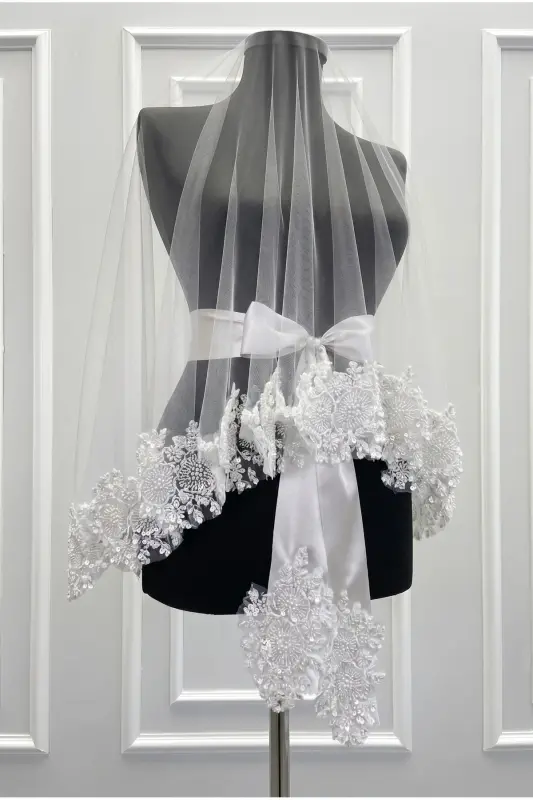 White VIP Bridal Veil Set, Henna Veil Cover Set-White - 3