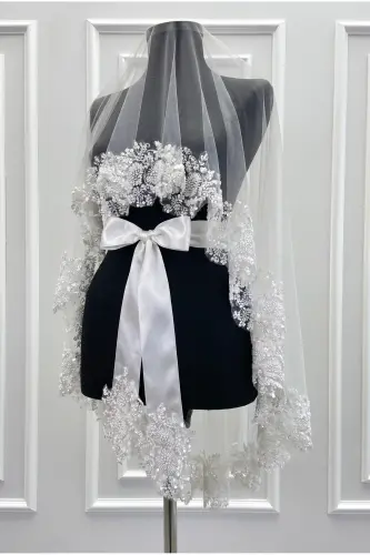 White VIP Bridal Veil Set, Henna Veil Cover Set-White - 4