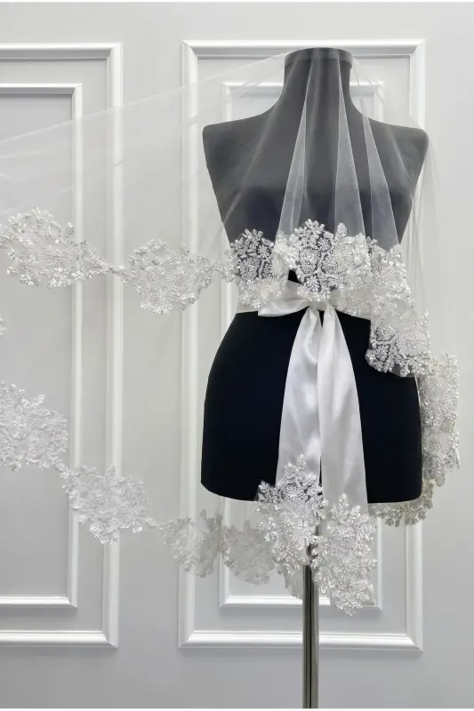 White VIP Bridal Veil Set, Henna Veil Cover Set-White - 5