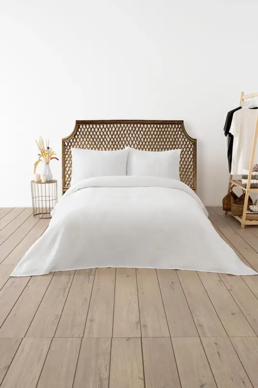 White Waffle Double Pique Set - Seasonal Bedspread - Soft and Breathable - 3 Pieces - White - DENIZLI CONCEPT