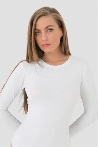 White Women's Bamboo T-Shirt Long Sleeve Bodysuit - BÜYÜKBEDENIZ (1)