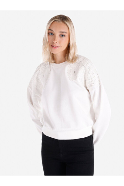 White women's sweatshirt, crew neck, lace detail on shoulder, regular fit. - 2