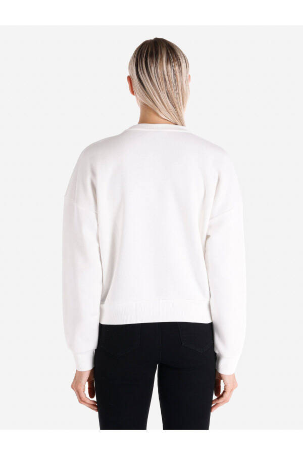 White women's sweatshirt, crew neck, lace detail on shoulder, regular fit. - 3