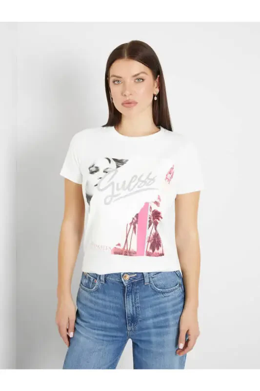 White Women's T-Shirt with a Crew Neck - 1