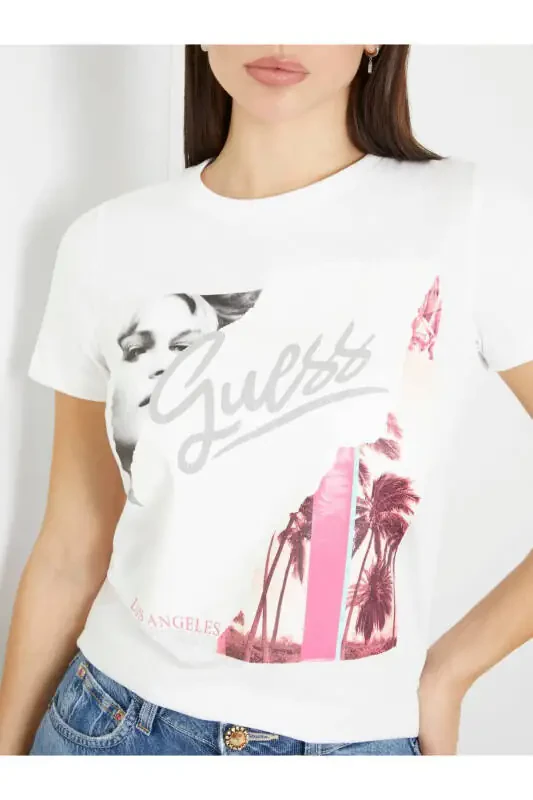 White Women's T-Shirt with a Crew Neck - 4