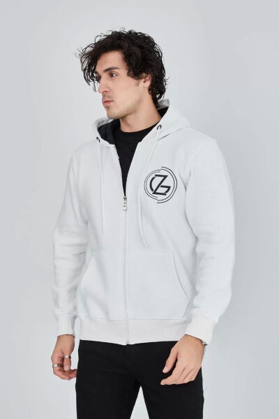 White, zippered, hooded, printed men's sweatshirt. - 2