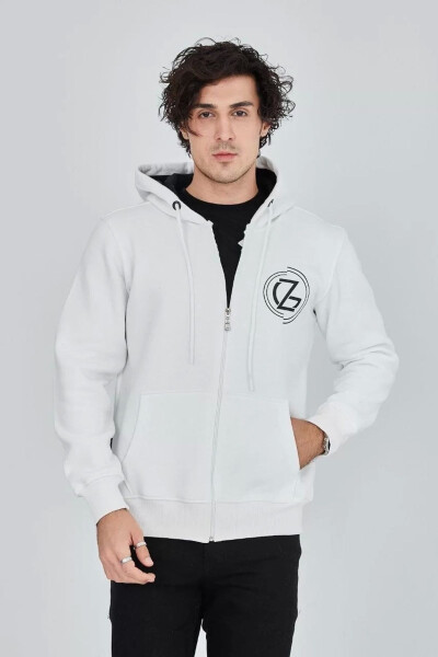 White, zippered, hooded, printed men's sweatshirt. - 6