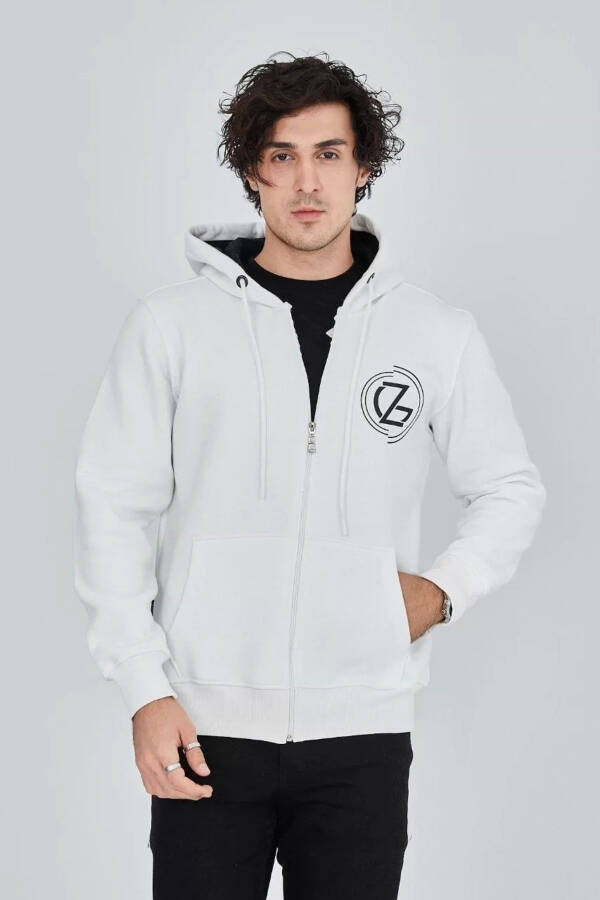 White, zippered, hooded, printed men's sweatshirt. - 6