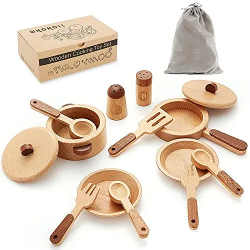 WHOHOLL Wooden Toys Play Kitchen Accessories, Montessori Toys for 1 2 3 4 5 + Years Old Toddlers, Toy Kitchen Play Dishes & Play Food Playset, Birthday Sets for Kids Girls Boys - WHOHOLL