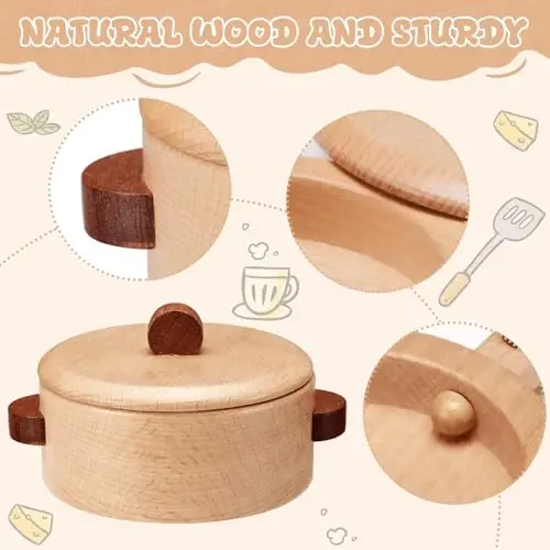 WHOHOLL Wooden Play Kitchen Accessories, Pretend Toys Pots and Pans Cooking Set for Toddlers 3 4 5 6, Kids Kitchen Playset with Plates and Dishes, Christmas Birthday Gifts for Girls Boys - 3