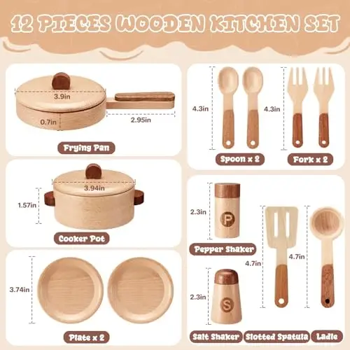 WHOHOLL Wooden Play Kitchen Accessories, Pretend Toys Pots and Pans Cooking Set for Toddlers 3 4 5 6, Kids Kitchen Playset with Plates and Dishes, Christmas Birthday Gifts for Girls Boys - 4