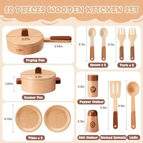 WHOHOLL Wooden Play Cooking Set with Plates and Dishes, Kitchen Toys for Kids 3 4 5 6, Montessori Play Kitchen Accessories Including Pots and Pans, Christmas Birthday Gifts for Girls Boys - 3
