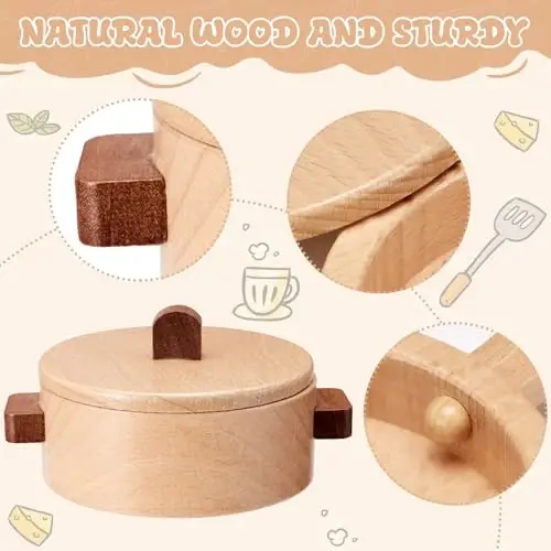 WHOHOLL Wooden Play Cooking Set with Plates and Dishes, Kitchen Toys for Kids 3 4 5 6, Montessori Play Kitchen Accessories Including Pots and Pans, Christmas Birthday Gifts for Girls Boys - 4