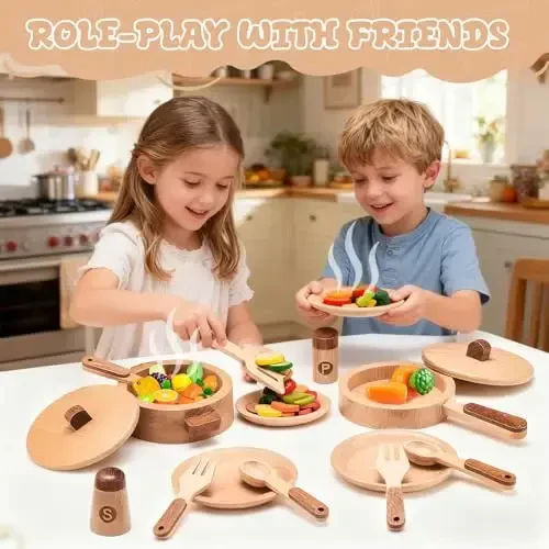 WHOHOLL Play Kitchen Accessories, Wooden Kitchen Set for Kids Ages 3-5 - Montessori Cooking Toys with Toy Pots and Pans (Large) - 6