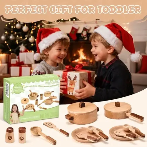 WHOHOLL Play Kitchen Accessories, Wooden Kitchen Set for Kids Ages 3-5 - Montessori Cooking Toys with Toy Pots and Pans (Large) - 2