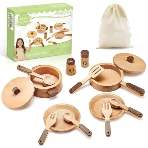 WHOHOLL Play Kitchen Accessories, Wooden Kitchen Set for Kids Ages 3-5 - Montessori Cooking Toys with Toy Pots and Pans (Large) 