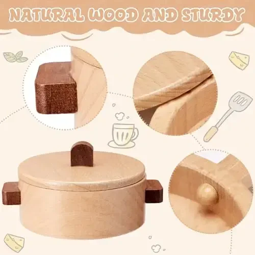 WHOHOLL Play Kitchen Accessories, Wooden Kitchen Set for Kids Ages 3-5 - Montessori Cooking Toys with Toy Pots and Pans (Large) - 4