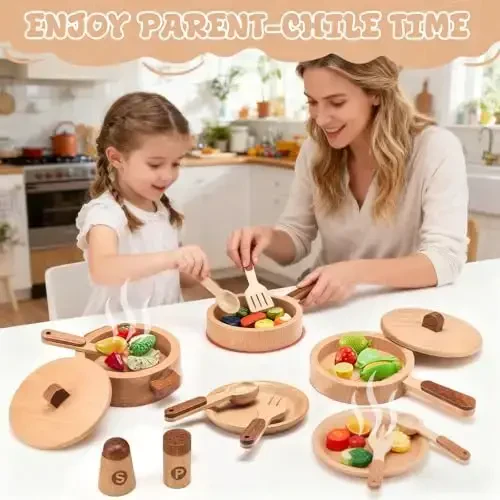 WHOHOLL Play Kitchen Accessories, Wooden Kitchen Set for Kids Ages 3-5 - Montessori Cooking Toys with Toy Pots and Pans (Large) - 5